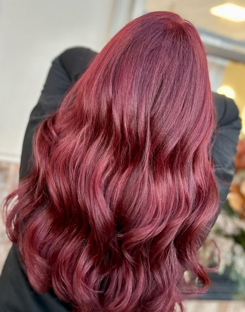 A photo of cherry cola hair at Jenny's Salon in Mechanicsburg, PA